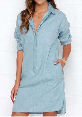 Button Long Sleeve Denim Dress Without Necklace