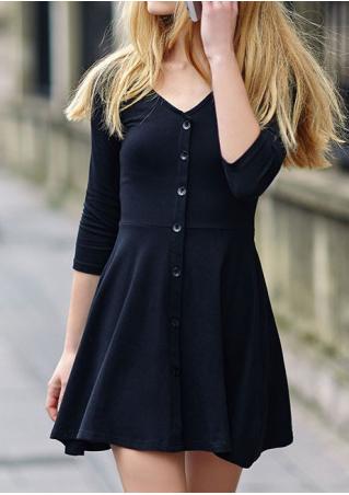 Solid Button V-Neck Casual Dress