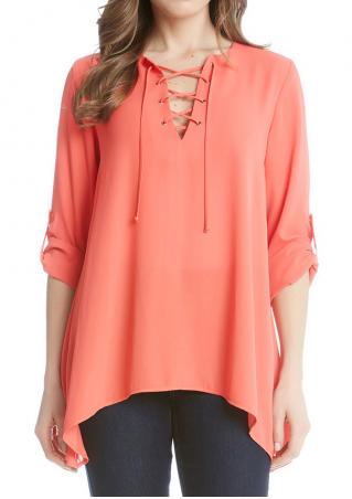 Solid Asymmetric Lace Up Tab-Sleeve Blouse