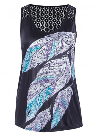 Feather Printed Lace Splicing Tank