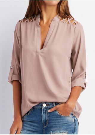 Solid Tab-Sleeve Hollow Out Blouse Without Necklace