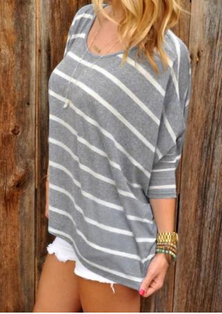 Striped Batwing Sleeve Blouse Without Necklace