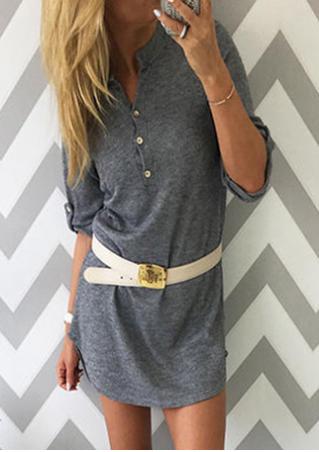 Solid Button Tab-Sleeve Casual Dress