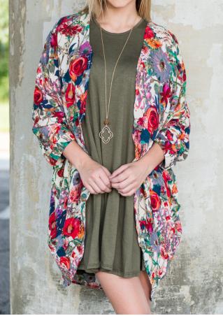 Floral Long Sleeve Cardigan Without Necklace