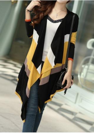 Color Block Knitted Asymmetric Cardigan Without Necklace