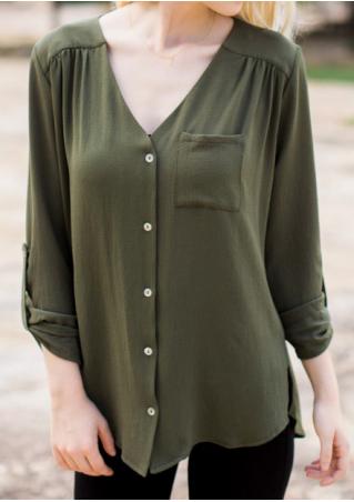 Solid Button Pocket Tab-Sleeve Blouse