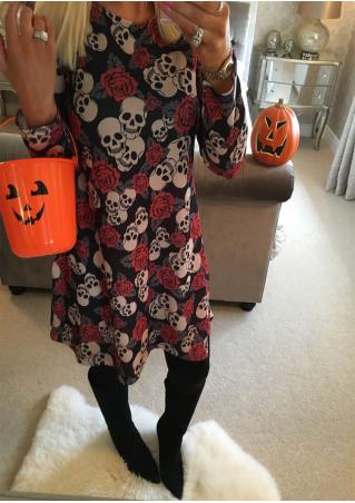 Halloween Skull Printed Long Sleeve Mini Dress