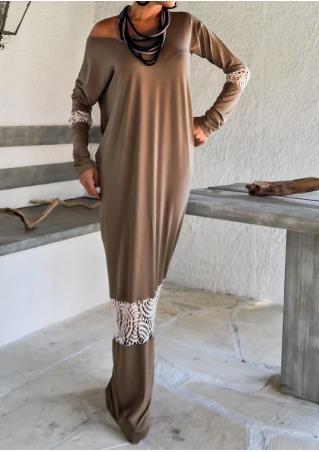 Lace Splicing Long Sleeve Maxi Dress Without Necklace