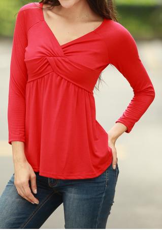 Solid Front Ruffled Deep V-Neck Fashion Blouse