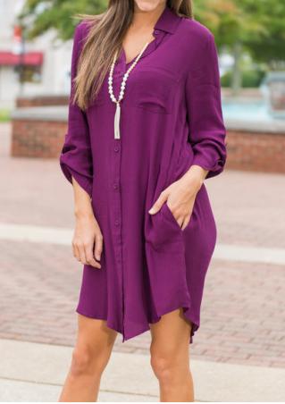 Solid Pocket Front Button Mini Dress Without Necklace