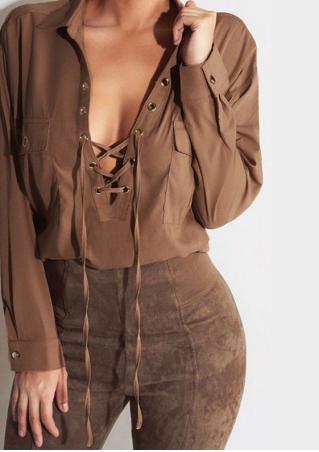 Solid Lace Up Front Pocket Blouse