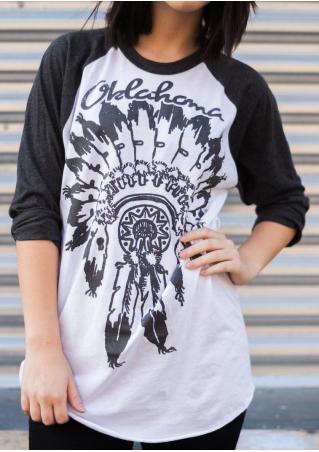 Feather Printed Splicing O-Neck T-Shirt