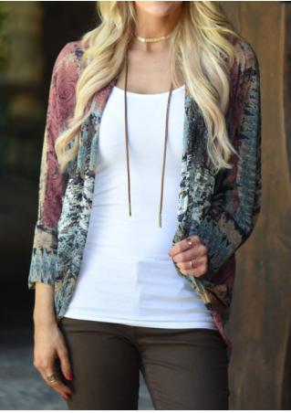 Printed Three Quarter Sleeve Cardigan Without Necklace