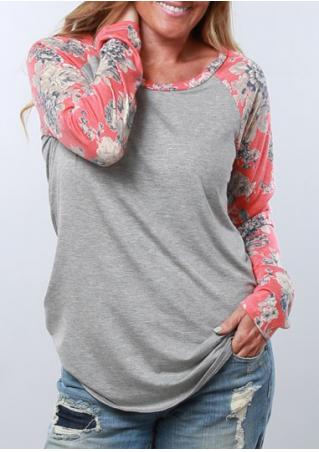 Floral Splicing Long Sleeve O-Neck  Blouse