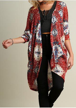 Printed Three Quarter Sleeve Loose Cardigan Without Necklace