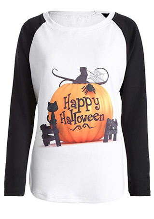 Halloween Pumpkin Letter Printed Splicing T-Shirt