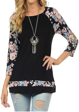 Floral Splicing O-Neck T-Shirt Without Necklace