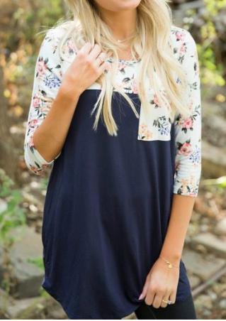 Floral Splicing Pocket Blouse Without Necklace