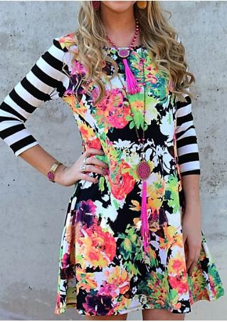 Floral Striped Splicing Mini Dress Without Necklace