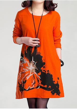 Embroidery Printed Casual Dress Without Necklace