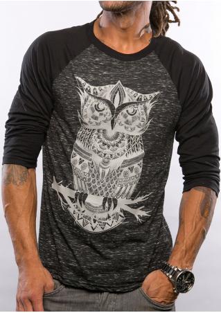 Owl Printed Splicing Casual T-Shirt
