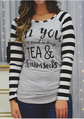 Letter Printed Striped Splicing Long Sleeve T-Shirt