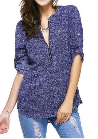Printed Zipper Tab-Sleeve Blouse Without Necklace