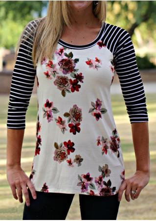 Floral Striped Splicing O-Neck T-Shirt