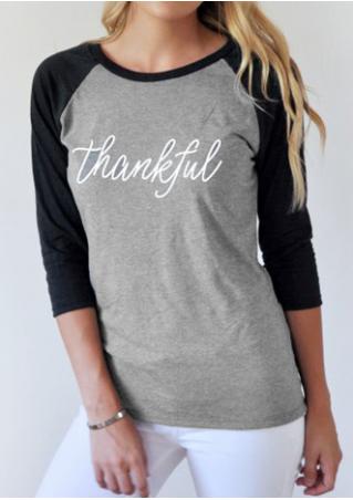 Thankfu Letter Printed Splicing O-Neck Fashionable T-Shirt