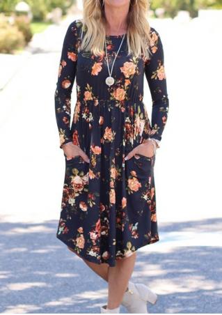 Floral Pocket Long Sleeve Dress Without Necklace
