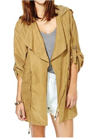Solid Pocket Drawstring Hooded Coat Without Necklace