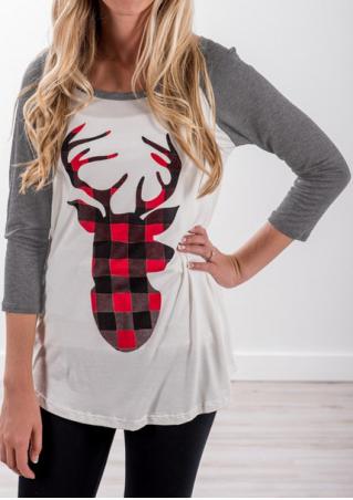 Christmas Reindeer Printed O-Neck Blouse