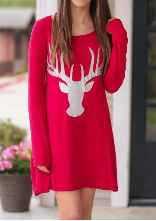 Christmas Sparkle Reindeer Printed Casual Dress