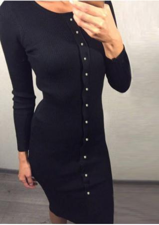 Solid Button Long Sleeve Dress