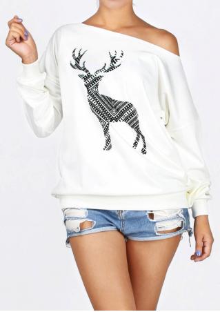Christmas Reindeer Printed Off Shoulder Casual Sweatshirt
