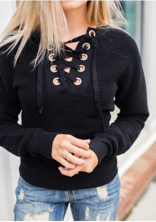 Solid Lace Up V-Neck Blouse