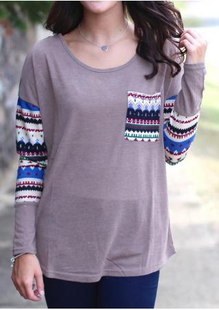 Printed Splicing Pocket Long Sleeve Blouse Without Necklace