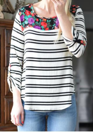 Striped Floral Splicing Tab-Sleeve Blouse