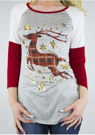 Christmas Reindeer Printed Splicing T-Shirt