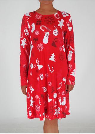 Christmas Snowman Printed Long Sleeve Dress