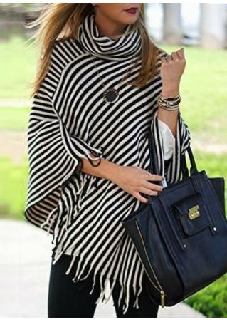 Striped Tassel Poncho Blouse Without Necklace