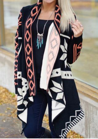 Geometric Printed Asymmetric Cardigan Without Necklace