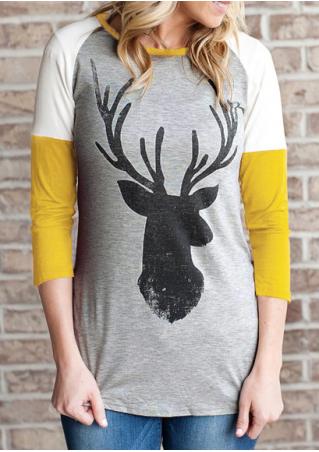 Christmas Reindeer Printed Splicing O-Neck T-Shirt