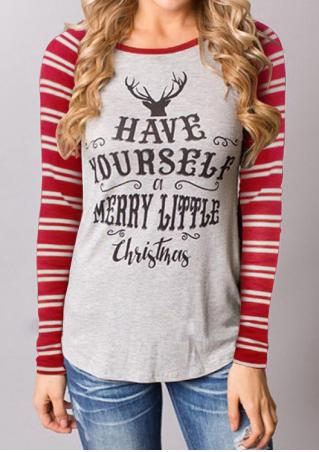Christmas Reindeer Letter Printed Striped Blouse