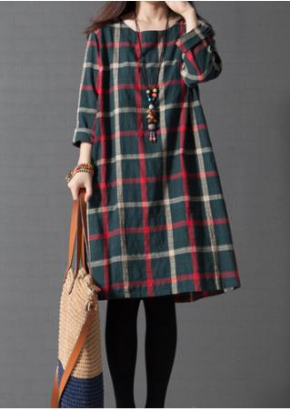 Plaid Button Casual Shift Dress Without Necklace
