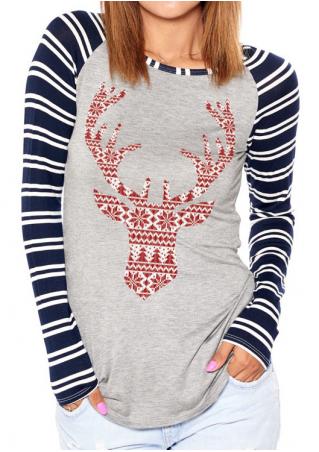 Christmas Striped Splicing Reindeer Printed T-Shirt