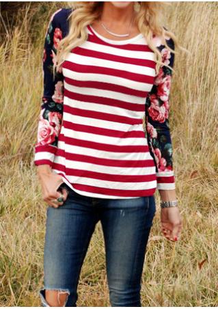 Floral Striped Printed Splicing T-Shirt Without Necklace
