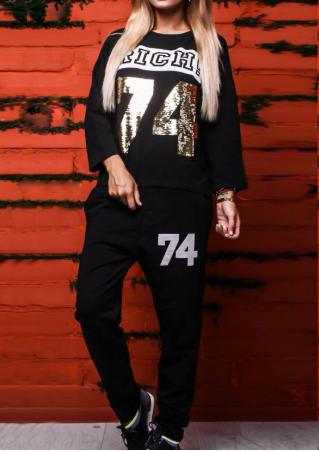 Letter Printed Sequined Sport Sweatshirt and Pants Set