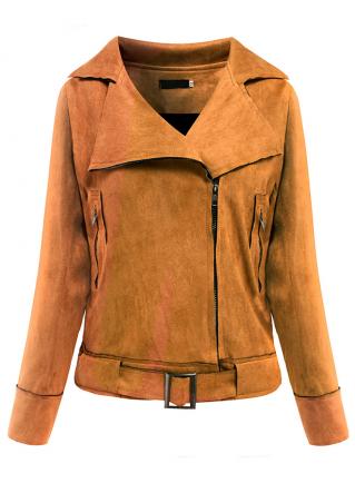 Solid Inclined Zipper Jacket With Belt