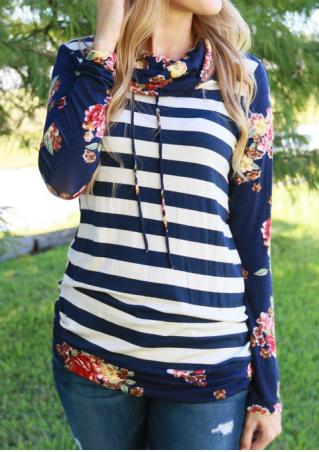 Floral Striped Splicing Long Sleeve Blouse